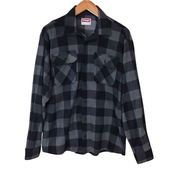 Wrangler Black Gray Plaid Fleece Button Up Shacket Shirt L - Picture 1 of 10